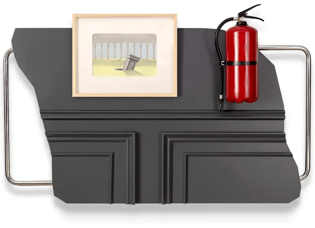 Waiting Room, Framed pastel and graphite on paper picture, gloss painted wood, metal, ready made extinguisher, 2023