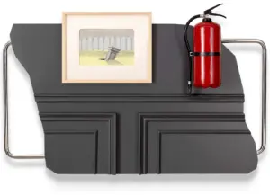Waiting Room, Framed pastel and graphite on paper picture, gloss painted wood, metal, ready made extinguisher, 2023