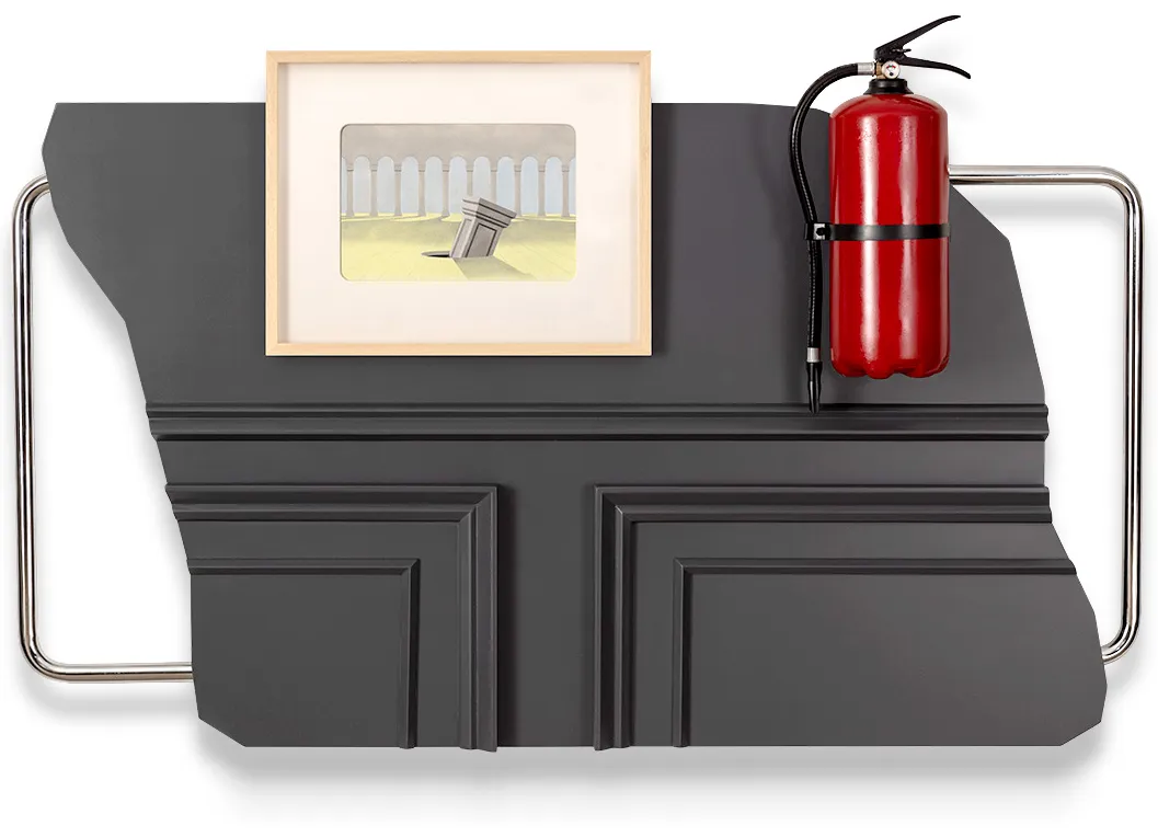 Waiting Room, Framed pastel and graphite on paper picture, gloss painted wood, metal, ready made extinguisher, 2023